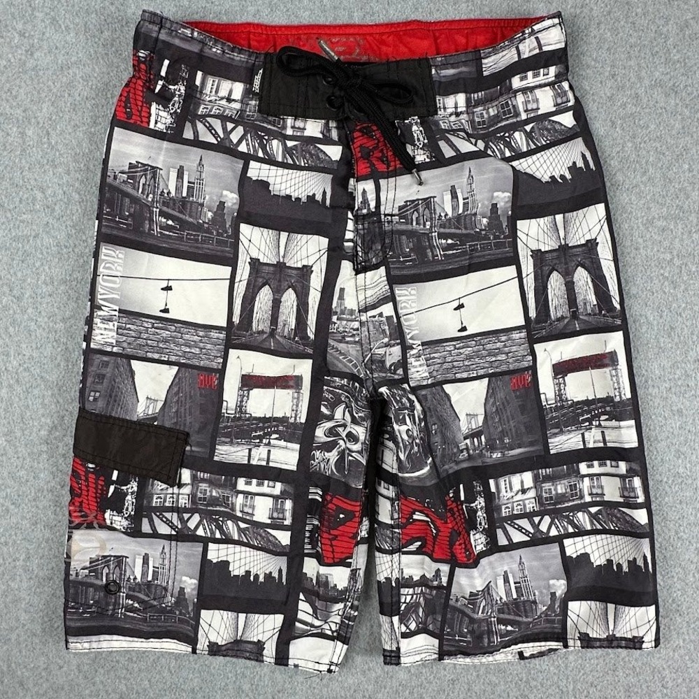 No Fear Mens XL Board Shorts Graphic New York City‎ Brooklyn Bridge Black Red